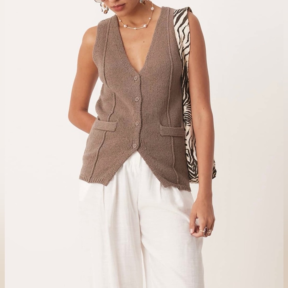 ASOS DESIGN 2 piece matching SET taupe tan brown knit button vest & pants - Picture 9 of 12